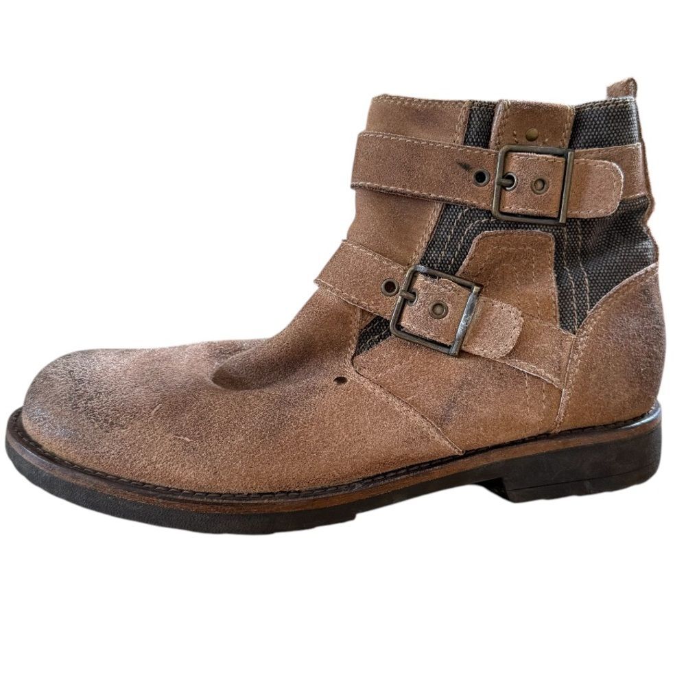 Bed Stu Draco Chukka Buckle and Zipper Nubuk Leather Booties Tan Brown 8.5